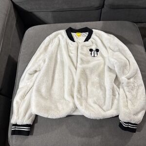 Disney Mickey Mouse Faux Fur Sherpa Varsity Jacket Cream White Bomber SZ Large